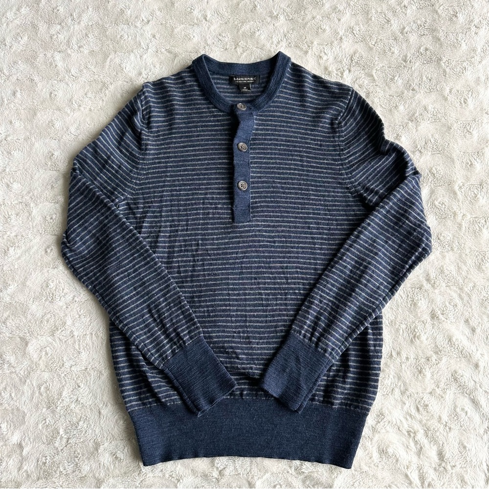Banana Republic Merino Wool Sweater Mens Medium Navy Blue Henley Knit Fisherman